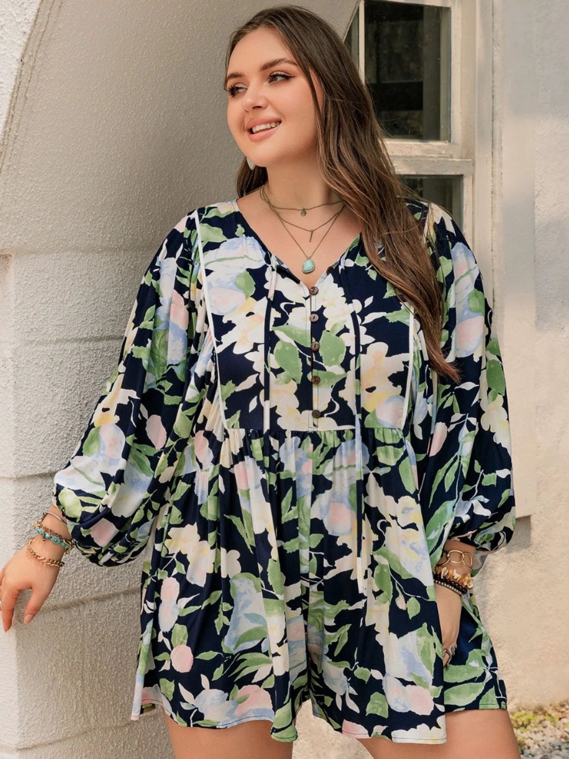 Plus Size Tied Printed Long Sleeve Romper by Lady Ros