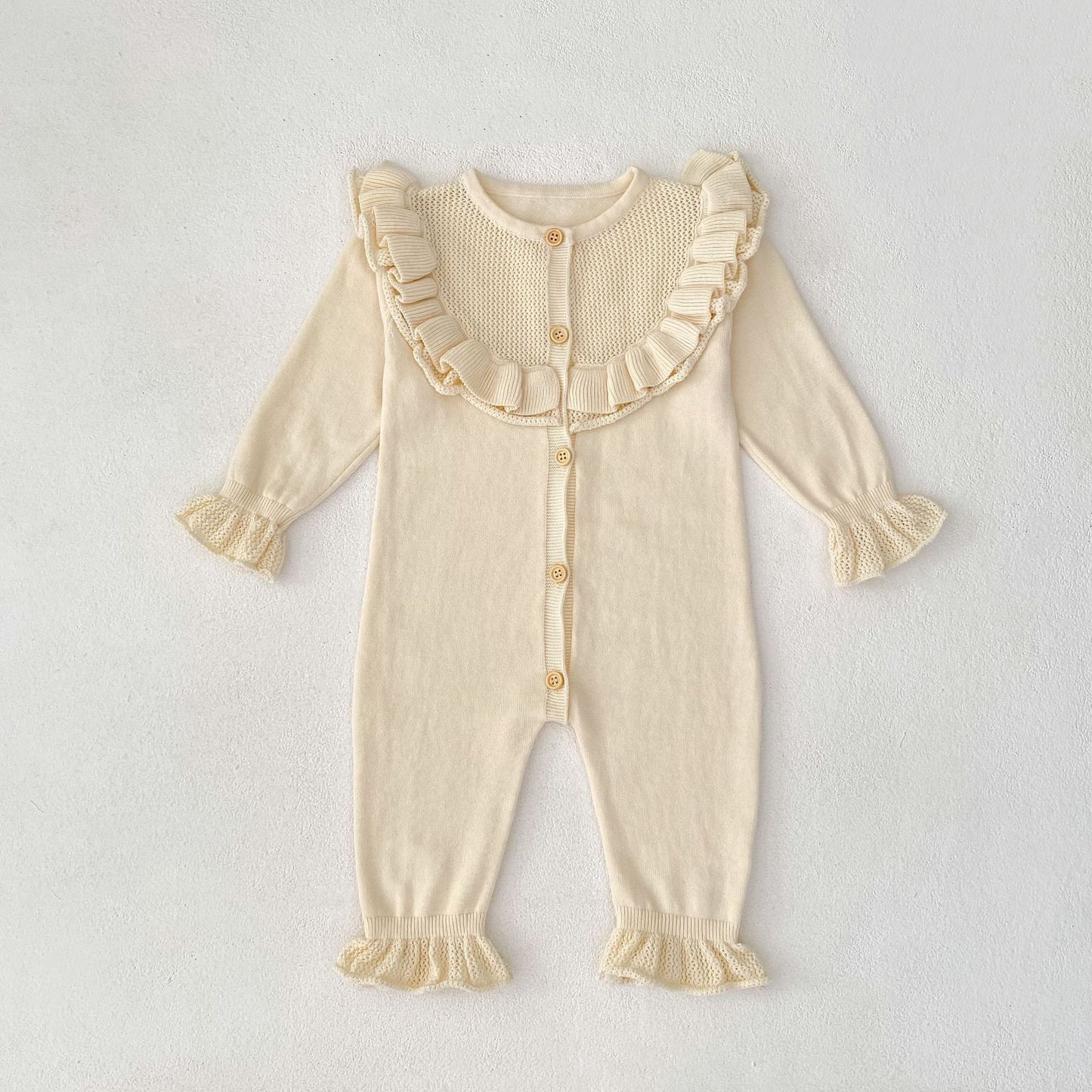 Baby Girl Round Neck Ruffled Stitching Long Climbing Fashionable Stylish Solid Color Jumpsuit