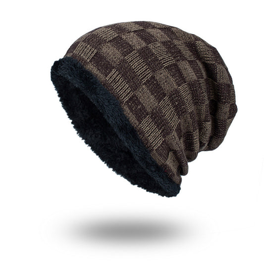Men's Knitted Wool Plus Velvet Warm Contrast Color Small Square Beanie