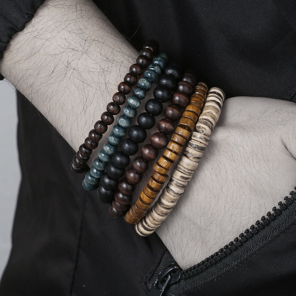Retro Men's Coconut Wood Multi-Layer Stackable Bracelet Set