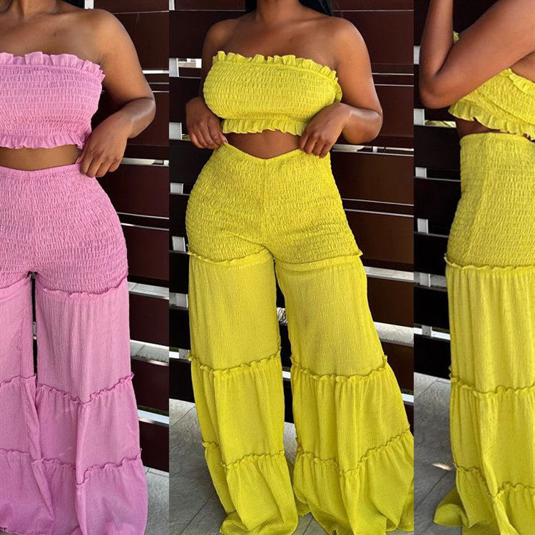 Smocking Stitching Strapless Top Pants Two-piece Suit