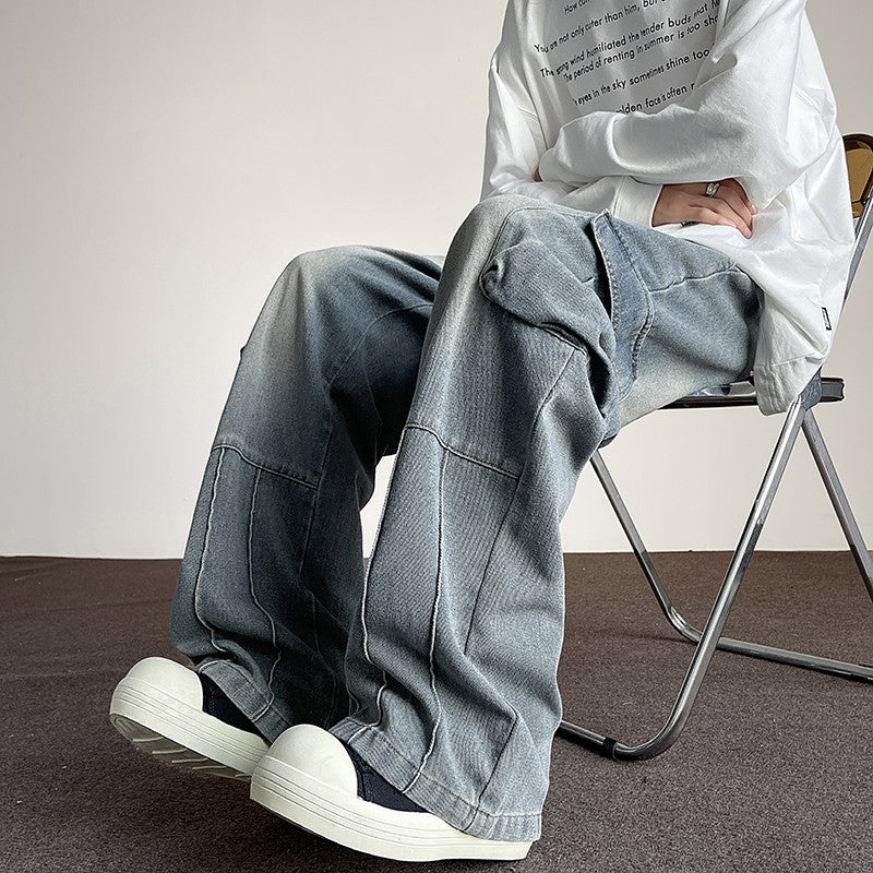 Washed Vintage Denim Men's Versatile Wide-Leg Multi-Pocket Casual Jeans