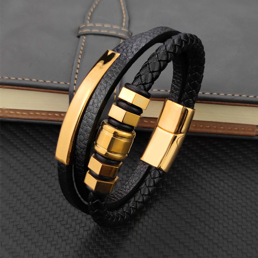 Hexagon 3-Color Stainless Steel Leather Cord Bracelet For Men