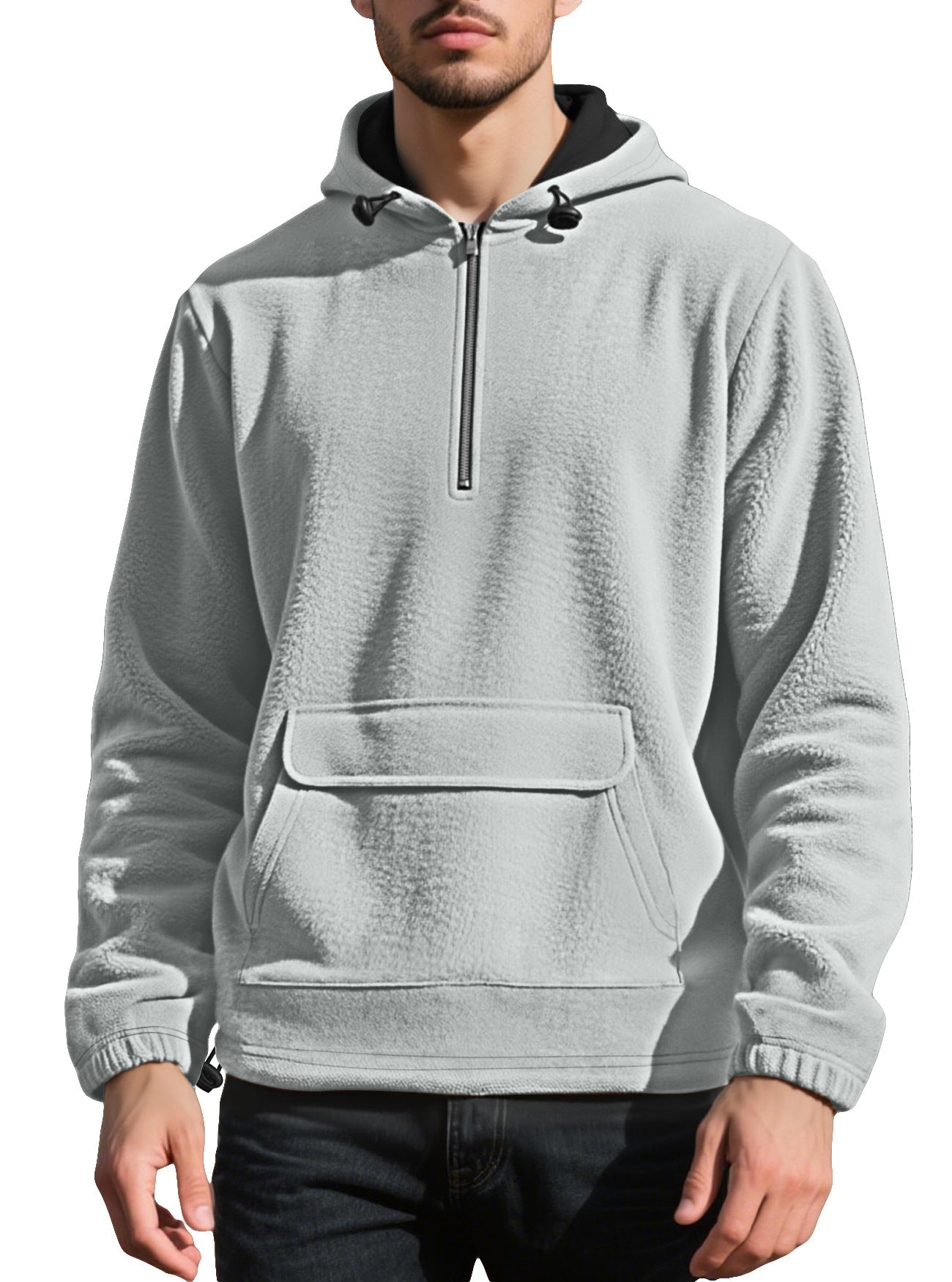 Men's Padded Fleece Solid Color Half Zip Hooded Pullover Sweater