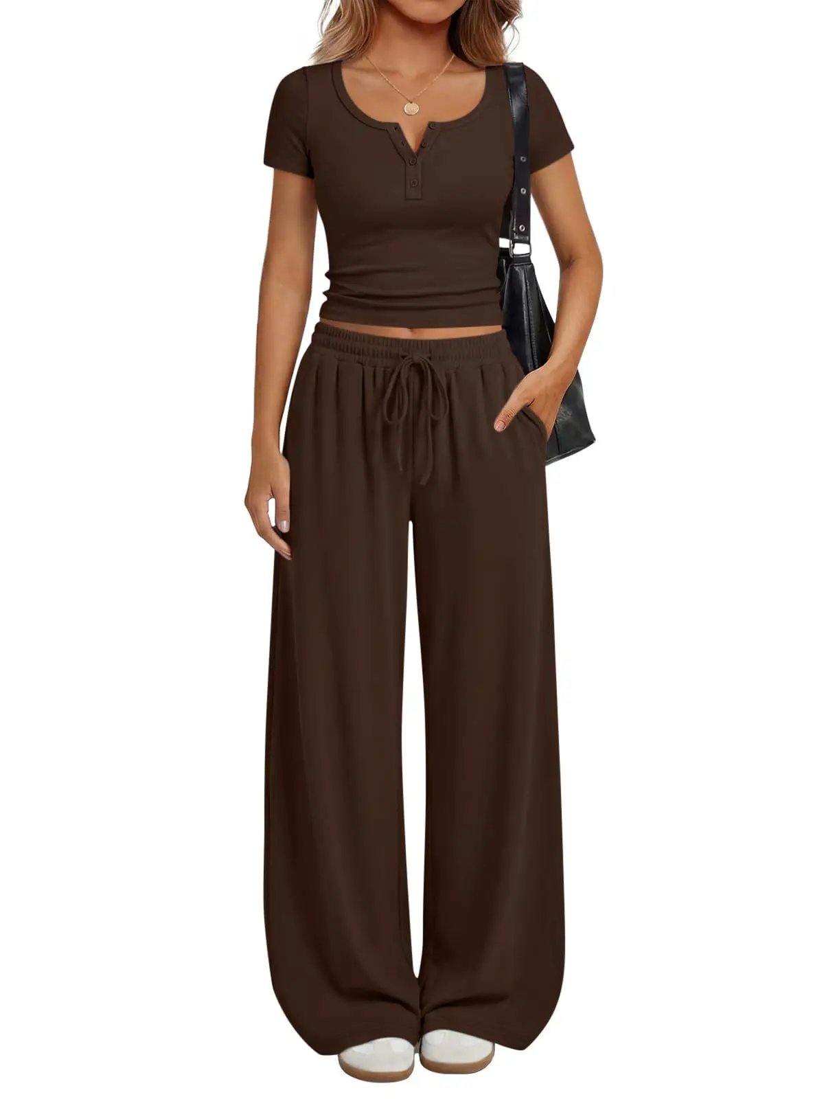 Women's Loungewear Short-Sleeve Top And Wide-Leg Pants Set by GJG Denim