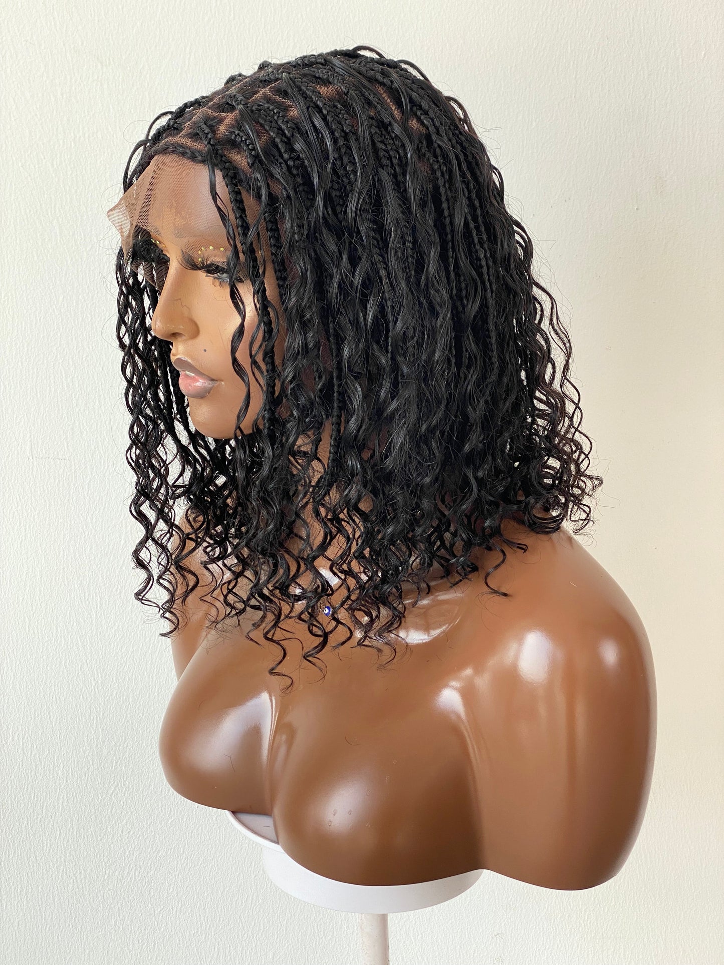 Short Bohemian Knotless Bob Wig (100% HD Human Hair Lace & Curls) Black Color