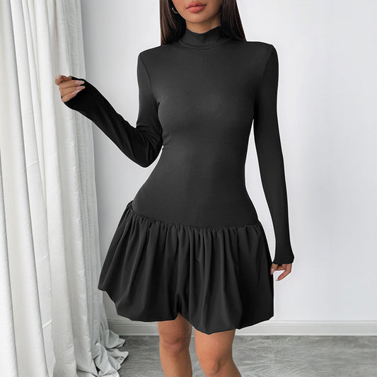 Simple Elegant Basic Turtleneck Long Sleeve Solid Color Dress
