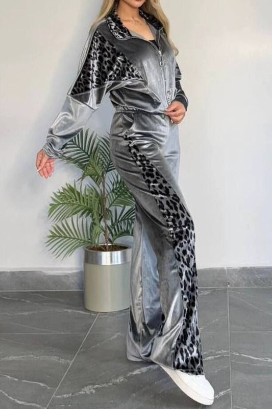 Full Size Collared Neck Leopard Zip Up Top and Pants Set Plus Size by Lady Ros