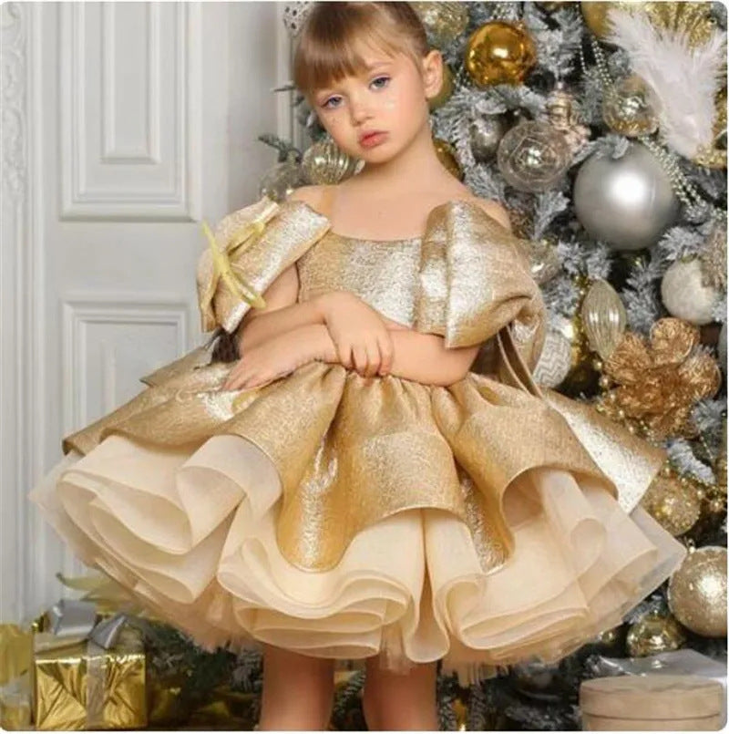 New Gold Satin One Year Old Celebration Dress Western Style Baby Girl Princess Dress