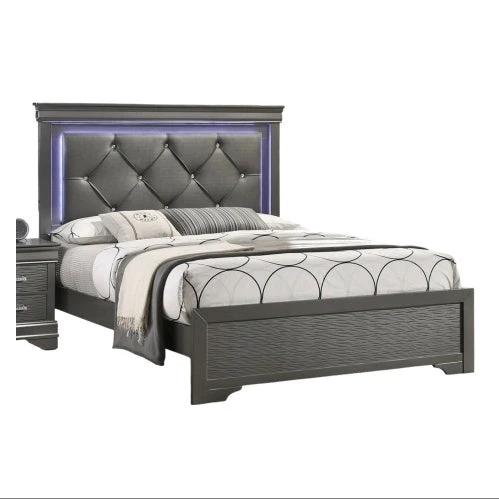 Dark Gray Faux Leather Tufted Headboard 1pc Queen Size Bed W LED Bedroom Furniture Gray Unique Texture FB Solid Wood by GJG Denim