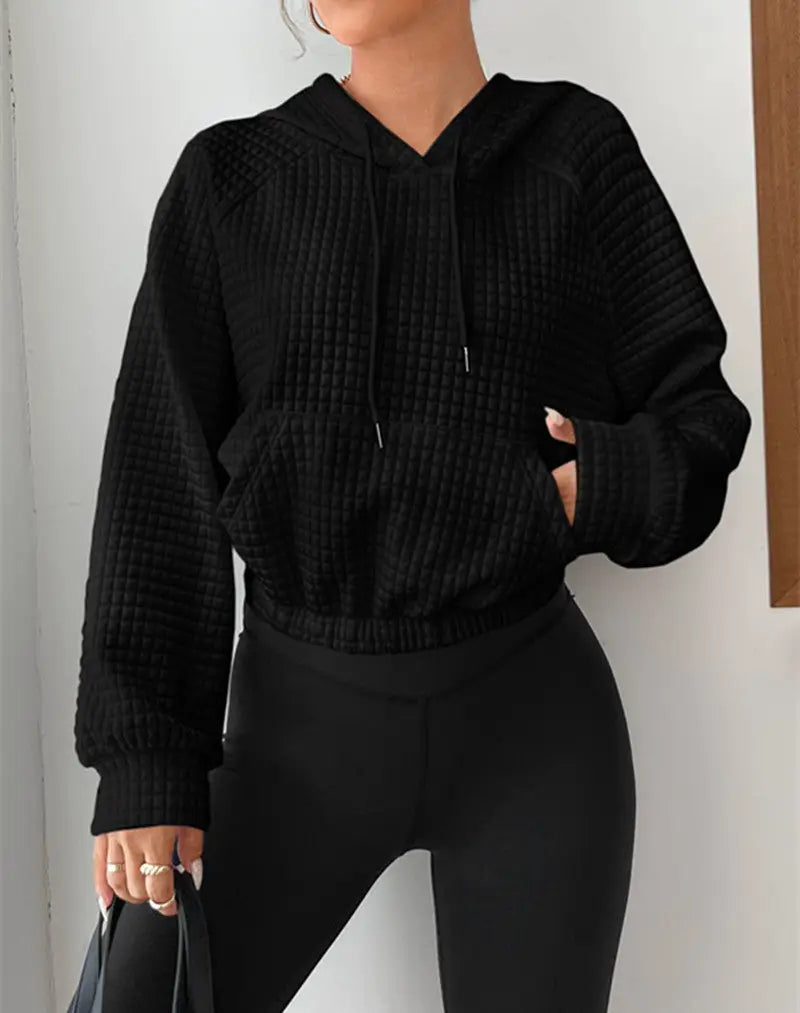 Women's Hooded Long-sleeved Patchwork Waffle Sweater by GJG Denim