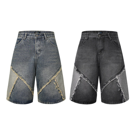 Worn Looking Washed-out Multi-colored Rough Edges Denim Shorts High-grade Personality Cropped Pants