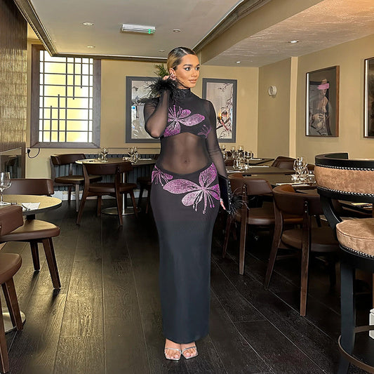 Butterfly Rhinestone Long Sleeve Dress
