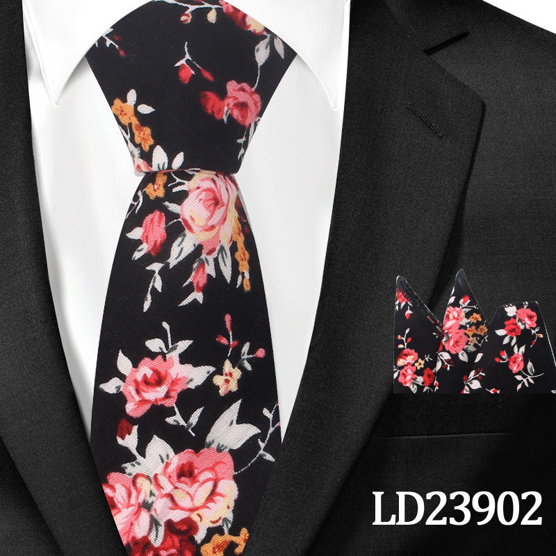 Men's Casual Cotton Floral Print 6cm Tie and Pocket Square
