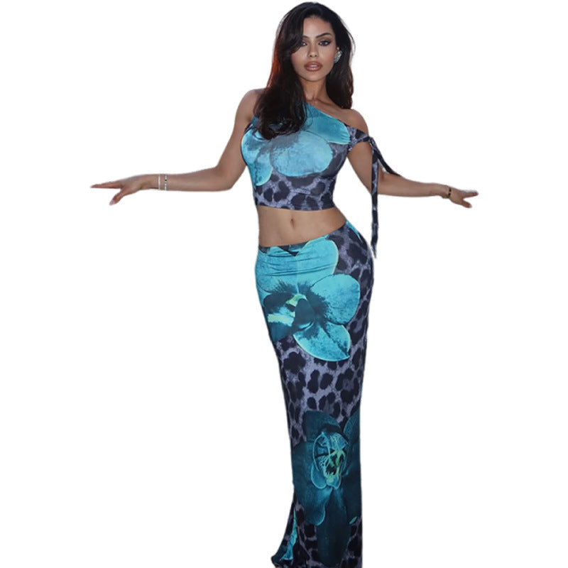 Contrast Color Leopard Print Flower Print Sleeveless Midriff-baring Long Dress Suit