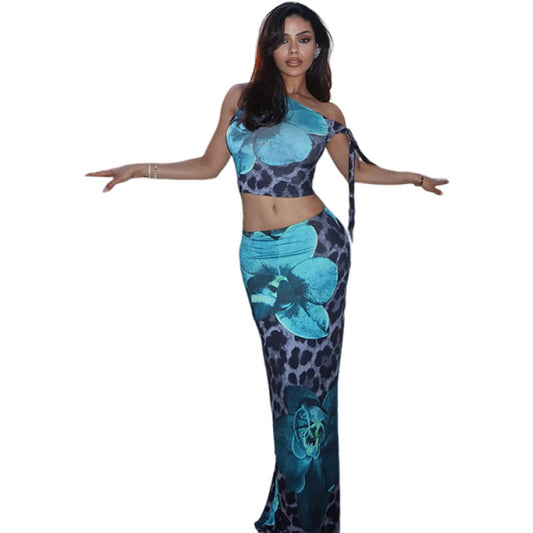 Contrast Color Leopard Print Flower Print Sleeveless Midriff-baring Long Dress Suit