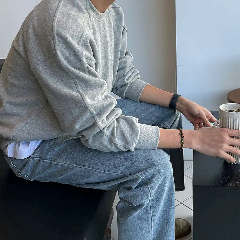 Simple Retro Crew Neck Sweater Men's Loose Pullover by GJG Denim
