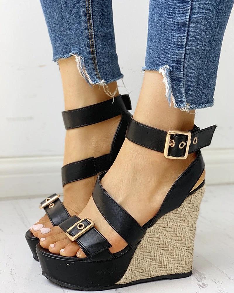 Women Large Size Straw Woven Wedge Heel Super High Heel Sandals by GJG Denim