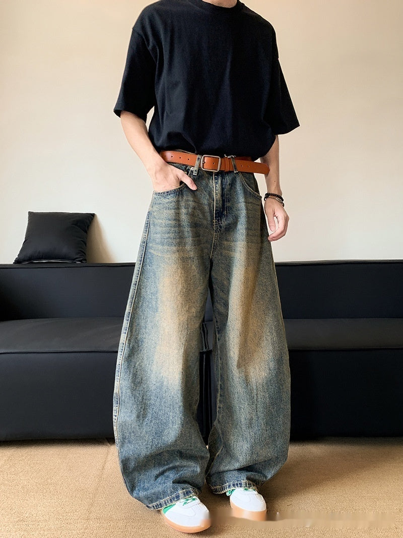 Men's Retro Distressed Machete Denim Slimming Wide-leg Jeans