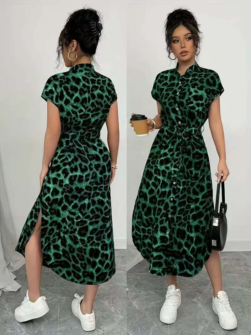 Leopard Print Front Button Shirt Belt Bow Shirt For Women