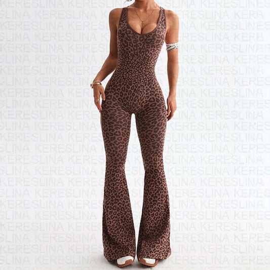 Leopard Print Printed V-neck Backless Slim Fit Halter Jumpsuit