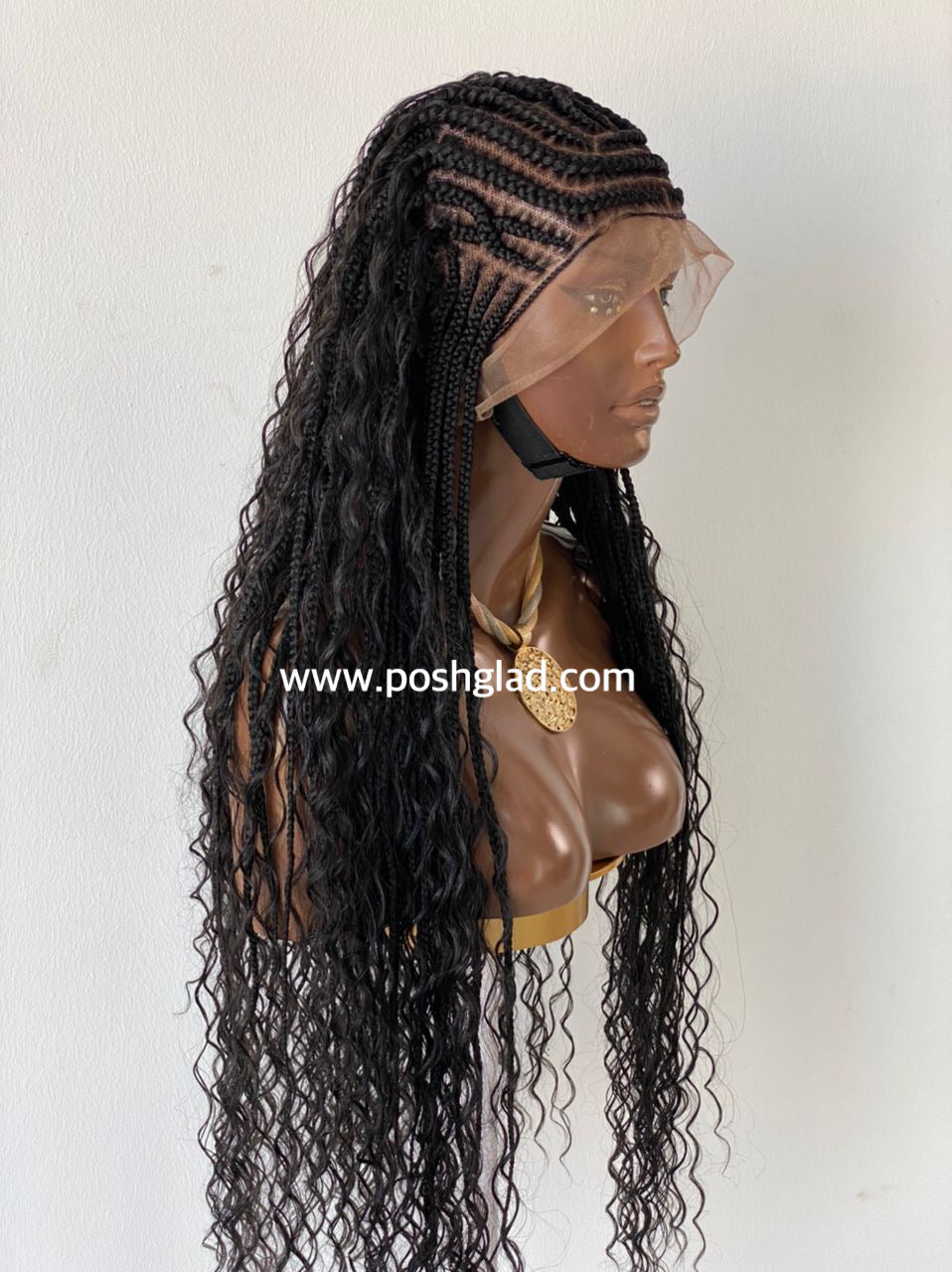 French Cornrow Bohemian Wig, Swiss Full Lace, Black, Waist Length, Standard Density - Sweetie