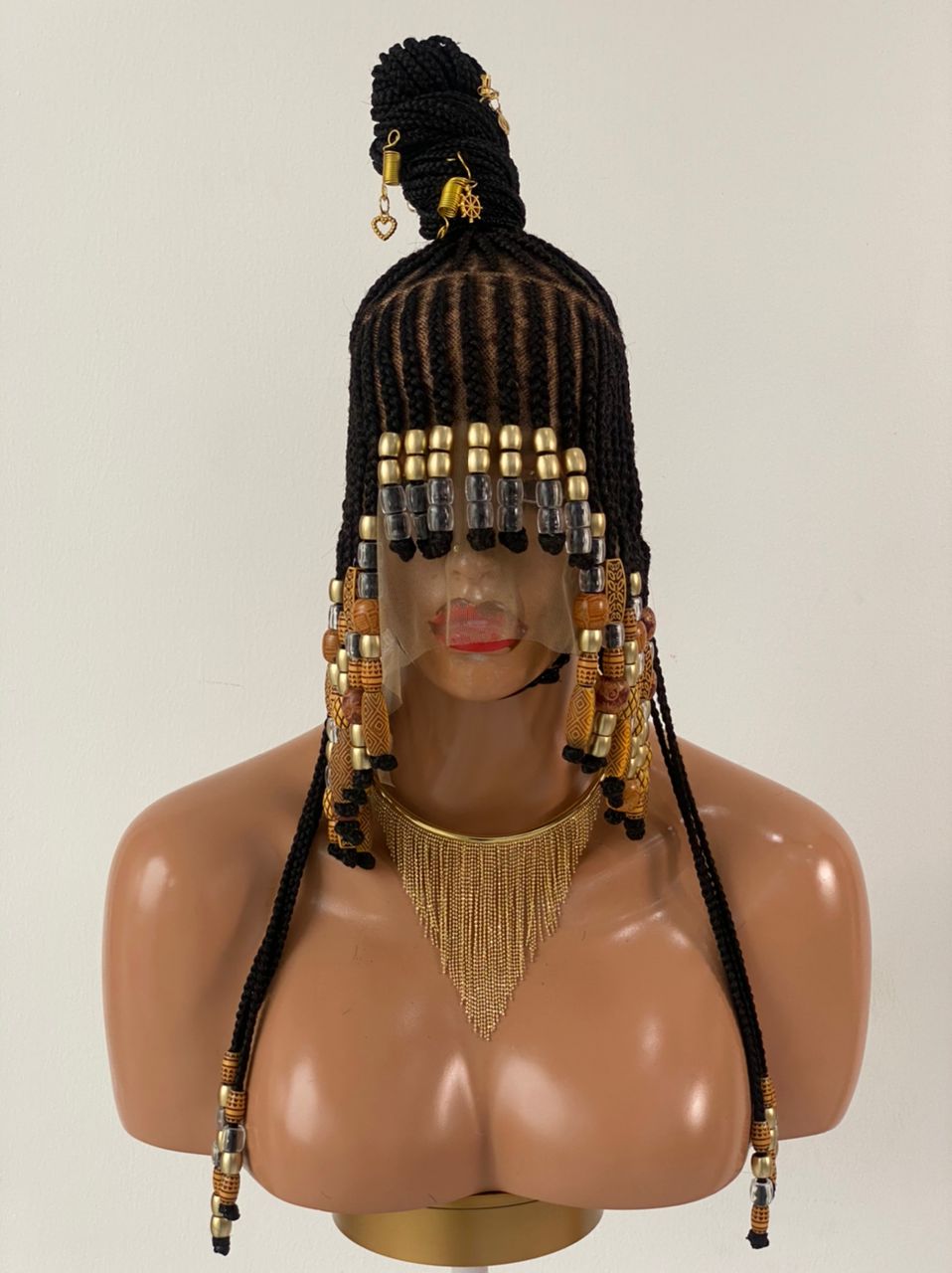 Queen Arewa Cornrow Beaded Wig (100% Full Lace Base) Color 1B