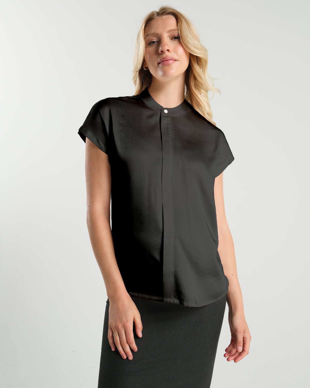 Short Sleeve Satin Maternity Shell Top with Concealed Nursing Zip