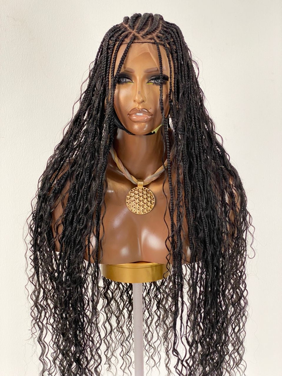 Crush Bohemian Cornrow Braided Wig, Swiss Full Lace, Black Color, Waist Length, Standard Density.