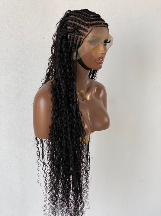 French Braid Bohemian Cornrow Wig, 100% Human Hair, Full Lace, Black Color - Dash (Tara)
