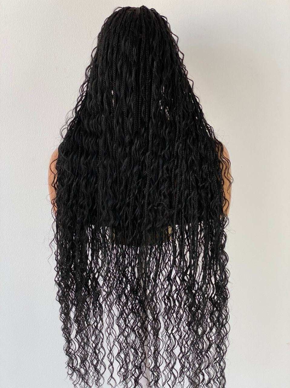 Bohemian Knotless Braided Wig, Swiss Full Lace, Black Color, Waist Length - READY TO SHIP