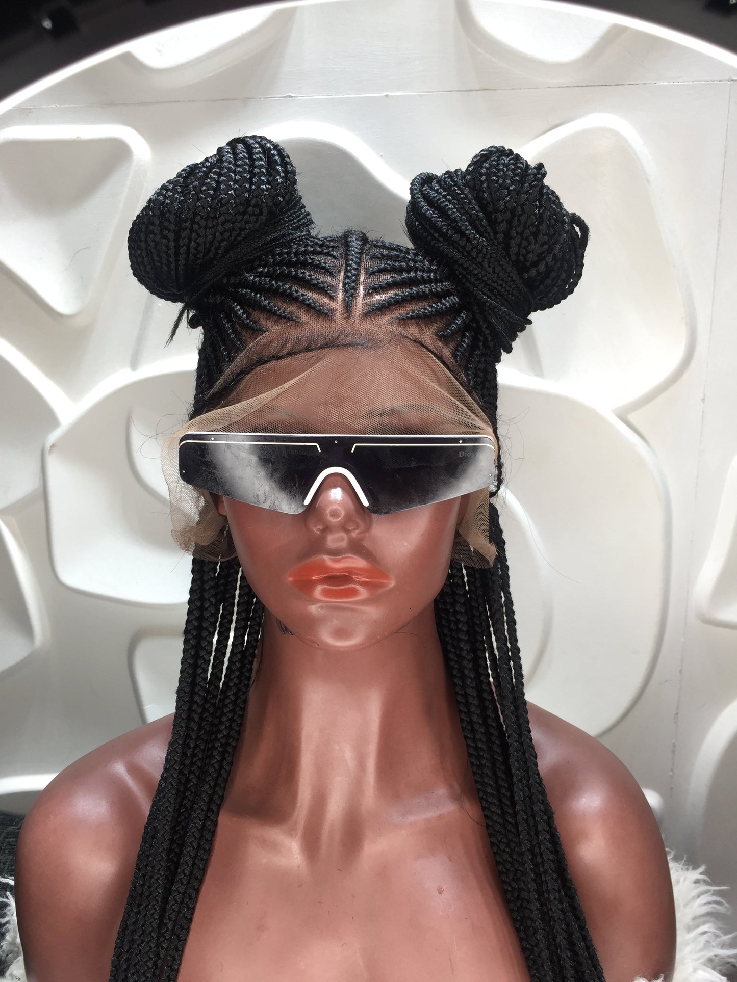 Cornrow Braded Wig, Black, Medium Brown Lace, Midback Length - Tope