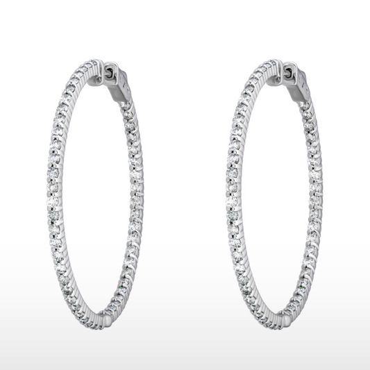 Natural Diamond Hoop Earrings in 14K White Gold – 2.58ctw Round Diamond Hoops