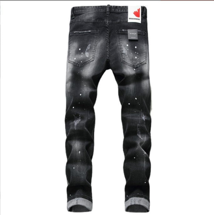 Men's Black And Gray Paint Hole Zipper Decorations Jeans