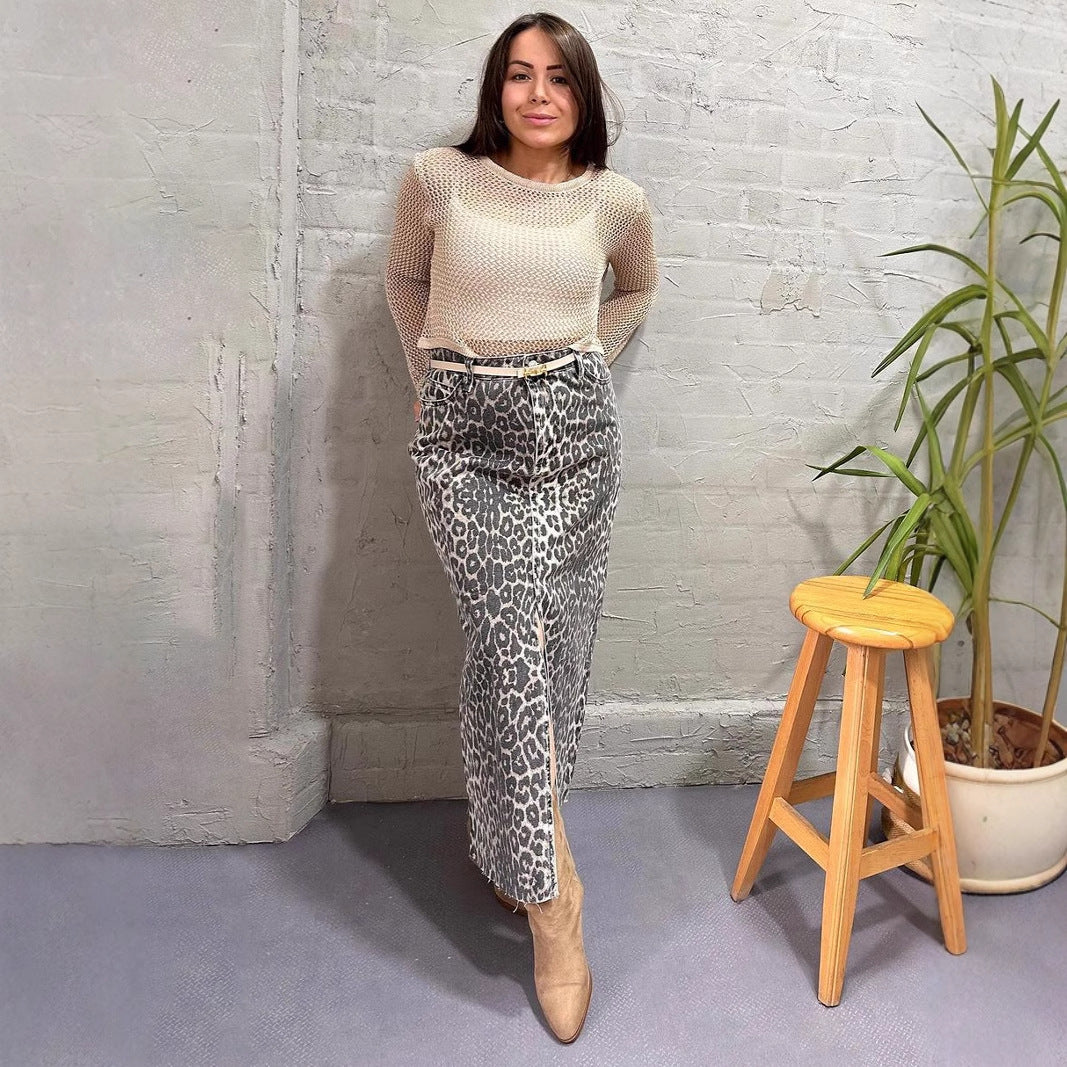 Leopard Print Straight Ankle-length Skirt