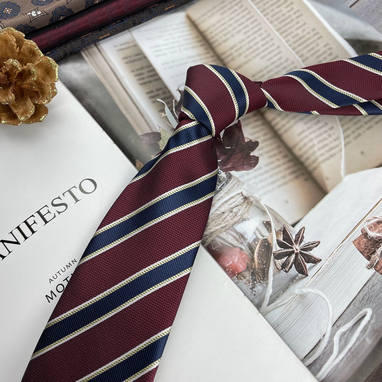 Men's Ties Retro Coffee Color Orange Red Striped Tie Hand Hit 8CM