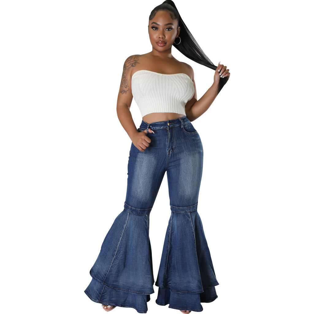 Wide Leg Denim Stretch Flared Pants