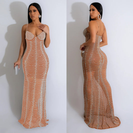 European And American Fashion Women's Pure Color Mesh Rhinestone Strap Dress