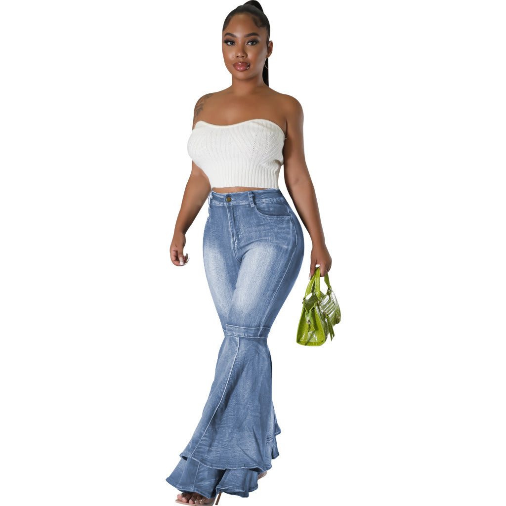 Wide Leg Denim Stretch Flared Pants