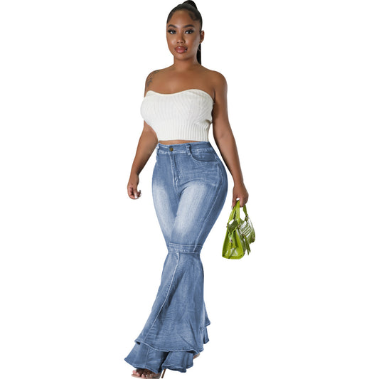 Wide Leg Denim Stretch Flared Pants