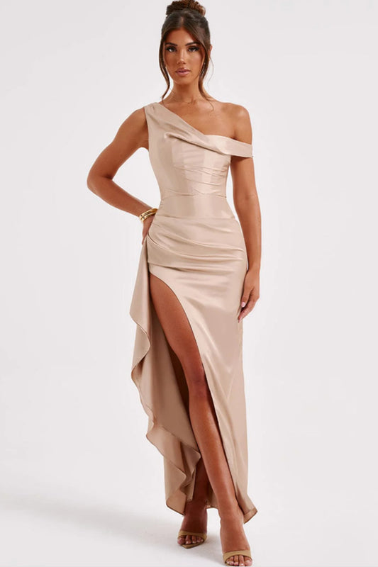 Women's Slant Shoulder Satin Waist sinching Long  Dress