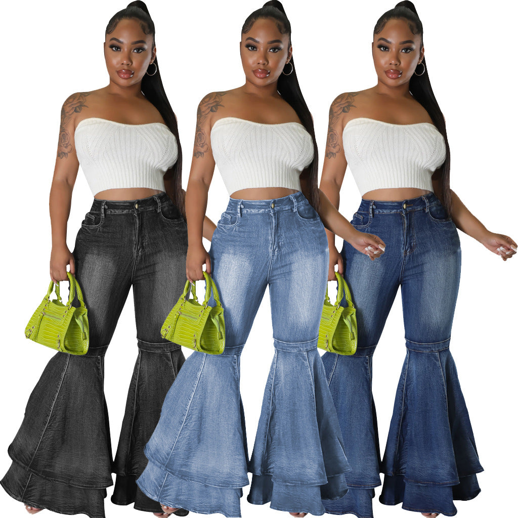 Wide Leg Denim Stretch Flared Pants
