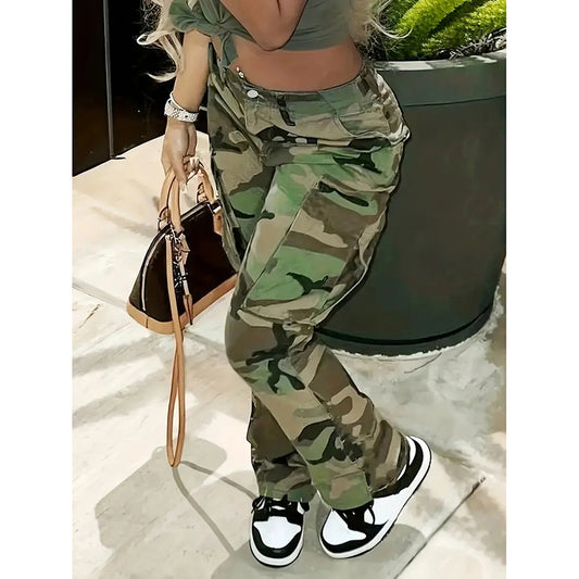 Plus Size Camouflage Jeans High Waist Multi-pocket Straight-leg Pants