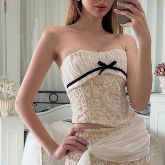 French Sweet Spicy Sexy Stitching Lace Embroidery Sexy Slimming Boning Corset Cropped Tank Top