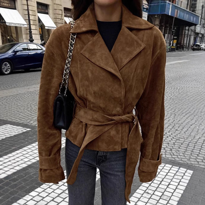 Suede Stomach Blanket Lace-up Coat Women's Vintage Coat