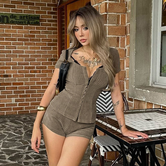 Ribbed Slim-fit Mid-sleeve Solid Color Top Shorts Ladies Two-piece Set