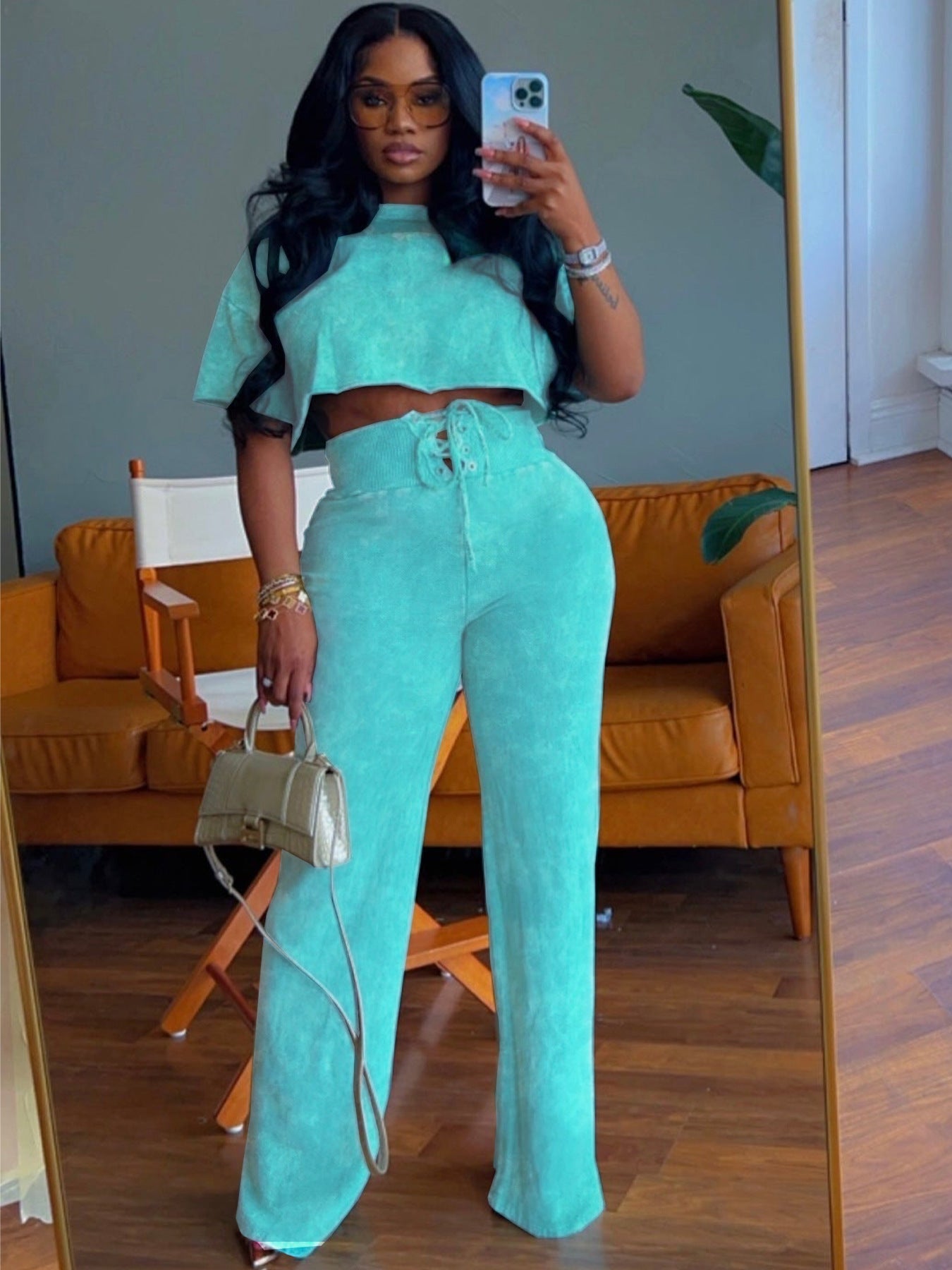 Leisure Commuter Daily Tie-dyed Short Women's Round Neck Top Lace-up Two-piece Pants