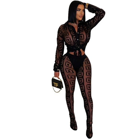 Printed Mesh See-through Shirt Pants Suit