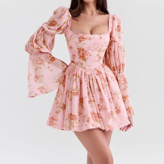 Floral Printed Pleated Long Bell Sleeve Short Dress