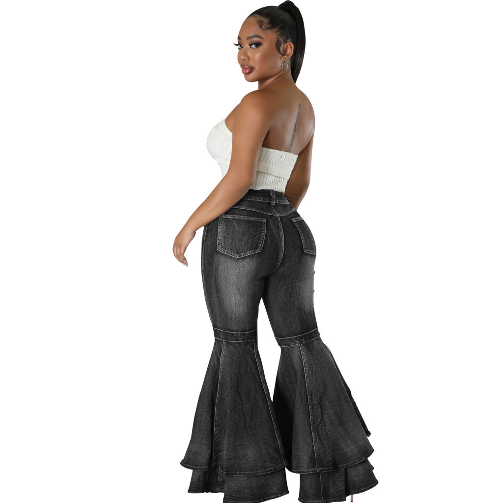 Wide Leg Denim Stretch Flared Pants
